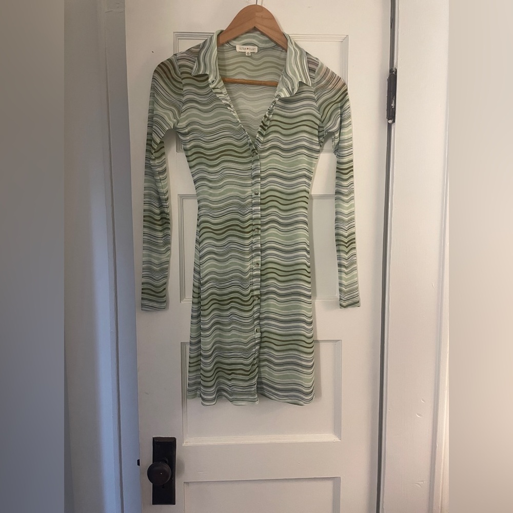 Ultra Flirt Green and White Sheer Striped Long Sleeve Dress